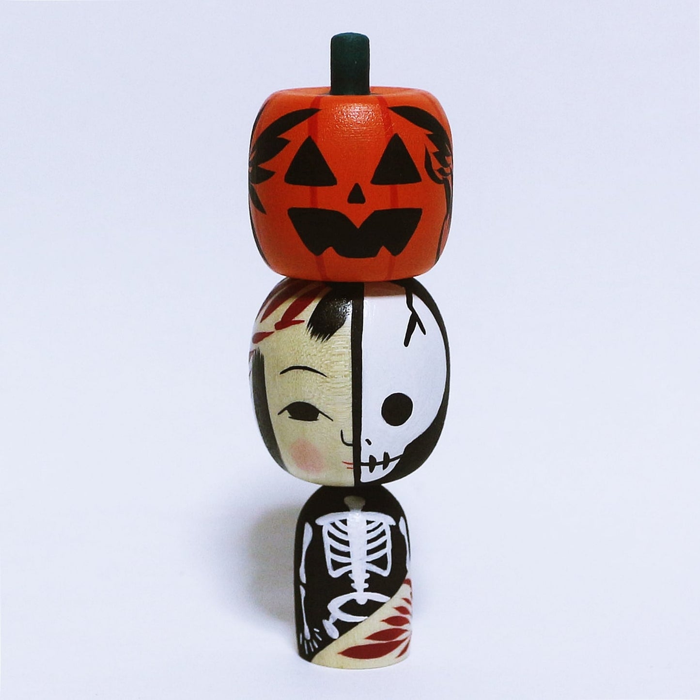 Halloween ガイコツ カボチャ乗せ こけし Pumpkin on top Skeleton Kokeshi ※206