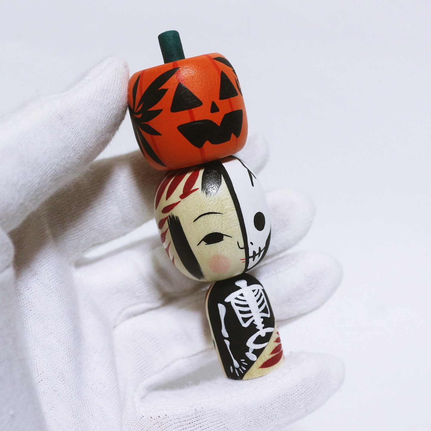 Halloween ガイコツ カボチャ乗せ こけし Pumpkin on top Skeleton Kokeshi ※206