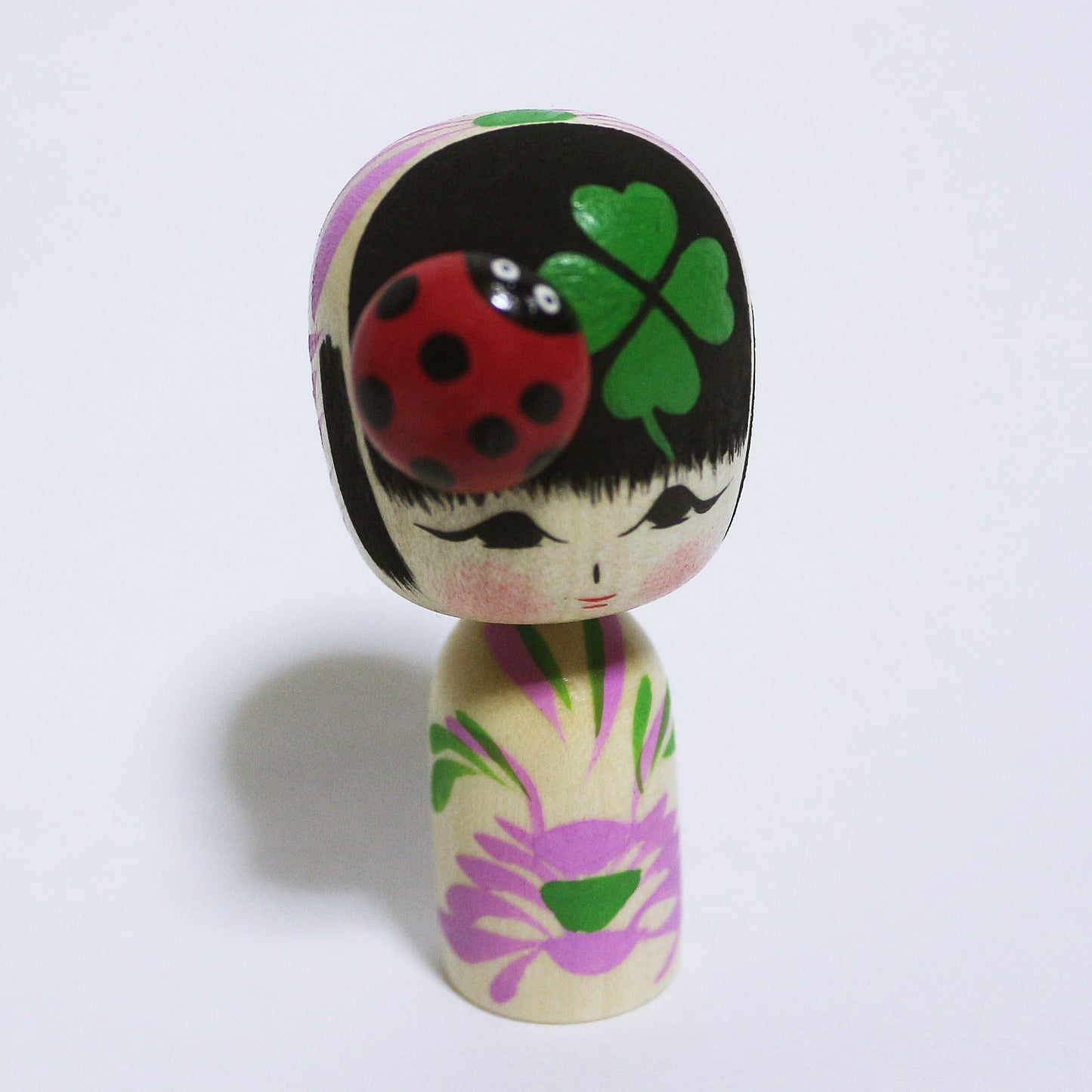 春　てんとうむし ＆ 四葉のクローバー　こけし　Spring Ladybug & Four Leaf Clover KOKESHI　#339